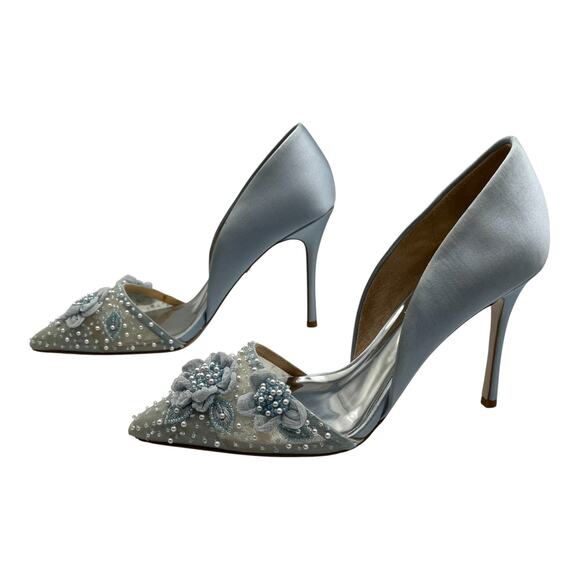 Badgley Mischka Satin Flower Mesh Beaded Embellished d'Orsay Pumps Light Blue 6 - Picture 1 of 9